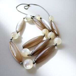 Vintage Long Moonglow Lucite Necklace – Mocha & Cream Beads, 1960s